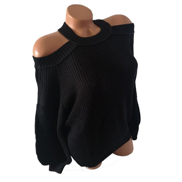 new Black Cold Shoulder Knit Pullover Sweater L - Picture 2 of 9